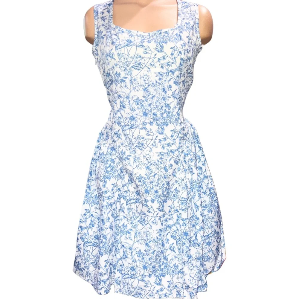 SHEIN Blue Floral Skater Dress Open Back Bow Tie Mini Dress - Picture 6 of 13